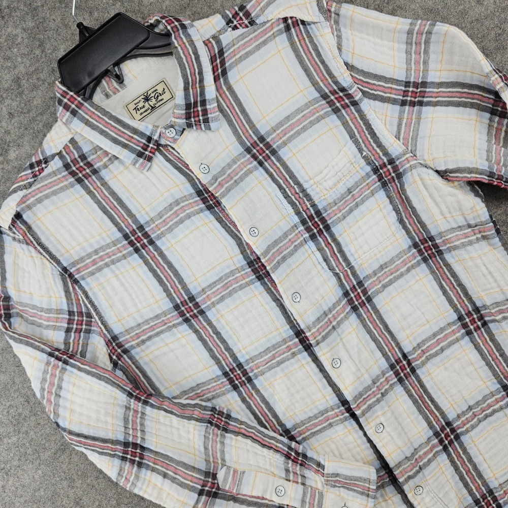 True Grit Plaid Button Down Shirt Mens Medium White Blue Red Cotton Double Gauze